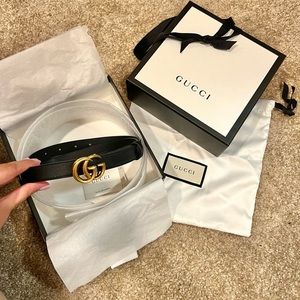 AUTHENTIC Gucci Black Leather Belt with Gold Double G Buckle 0.8”